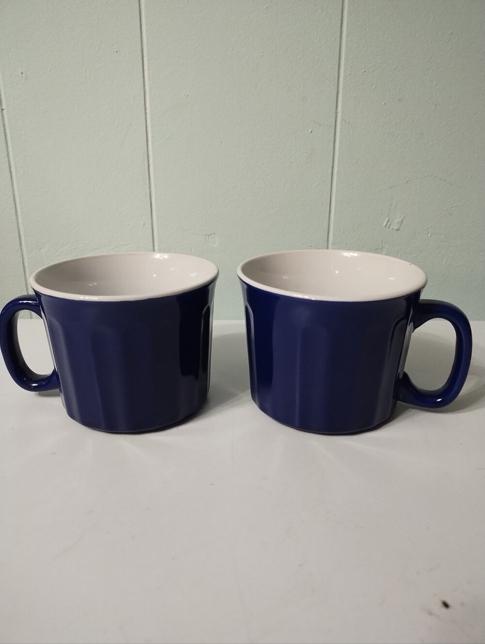 New Ribbed Cobalt Blue Jumbo Ceramic Coffee/Soup Mugs - Set of 2